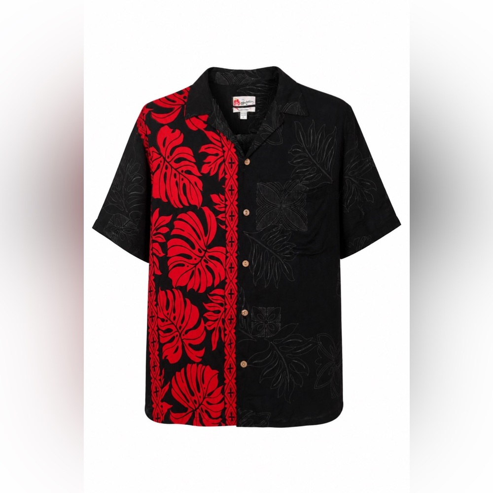 Vintage Hilo Hattie Hawaiian Aloha Shirt Black Red Tropical Rayon Made Hawaii L